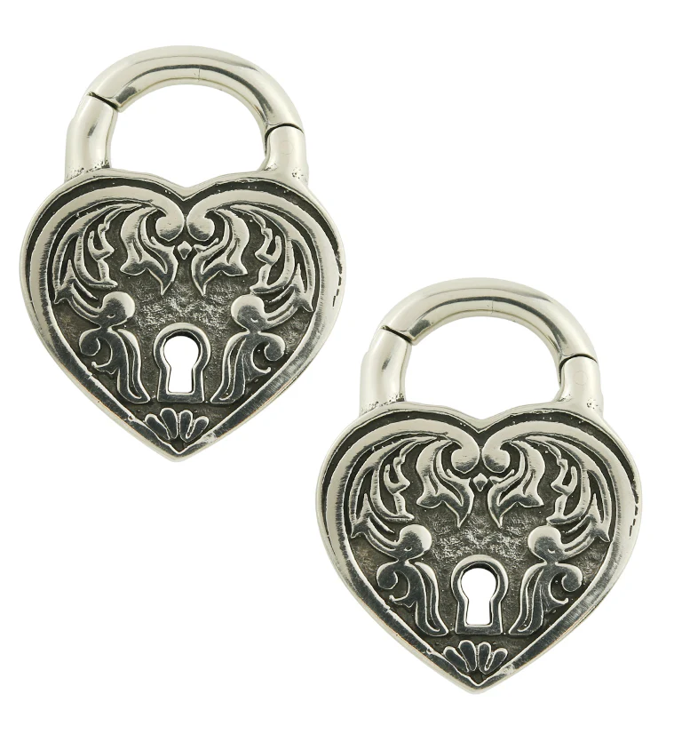 Ornate Heart Lock White Brass Hinged Ear Weights - Mrs Treak