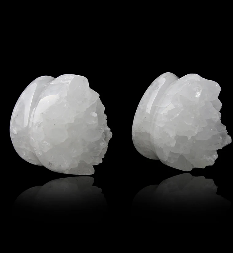 Raw White Quartz Druzy Stone Teardrop Plugs - Mrs Treak