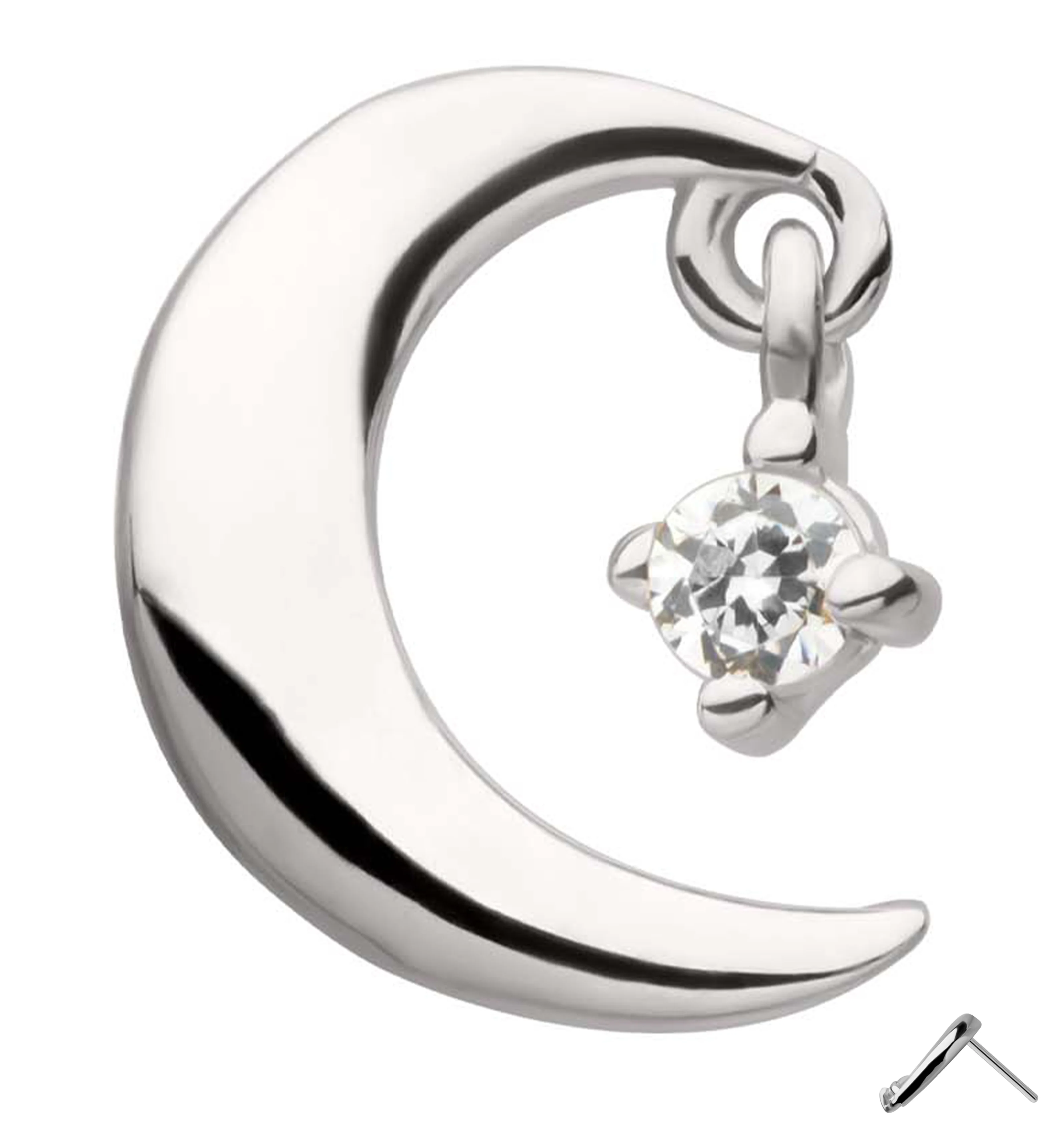 14kt White Gold Crescent Moon Clear CZ Dangle Threadless Top - Mrs Treak
