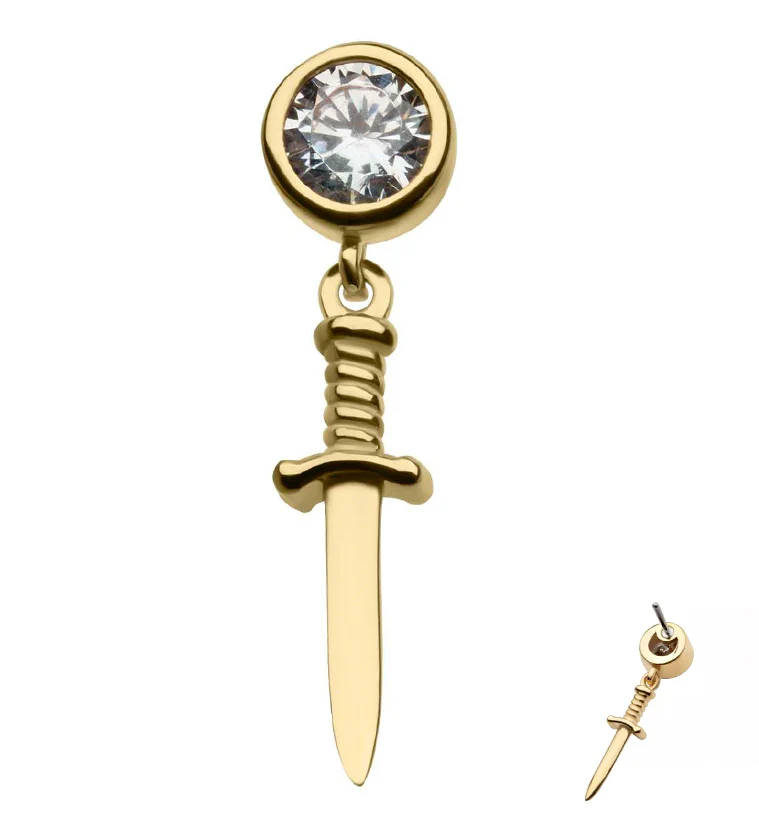 14kt Gold Clear CZ Dangling Dagger Threadless Top - Mrs Treak