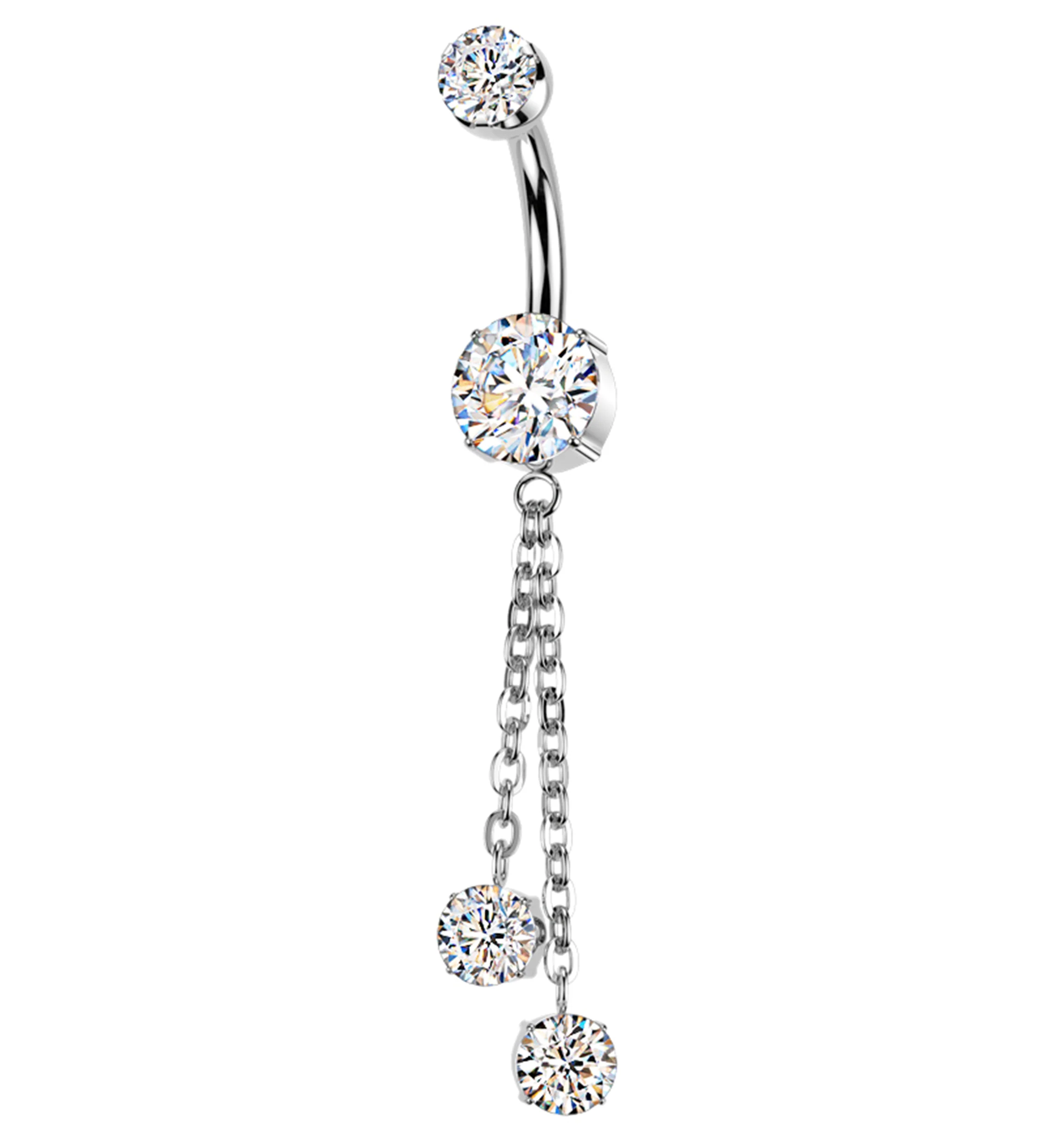 Prong Clear CZ Double Dangle Chain Titanium Internally Threaded Belly Button Ring - Mrs Treak