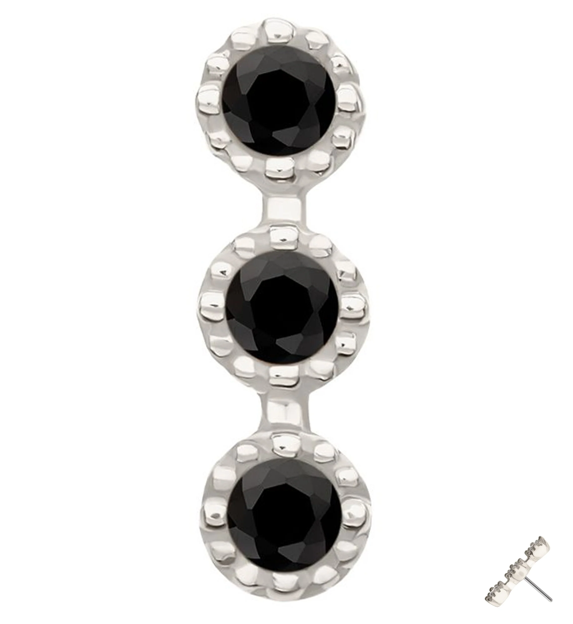 14kt White Gold Triple Stacked Beaded Black CZ Threadless Top - Mrs Treak