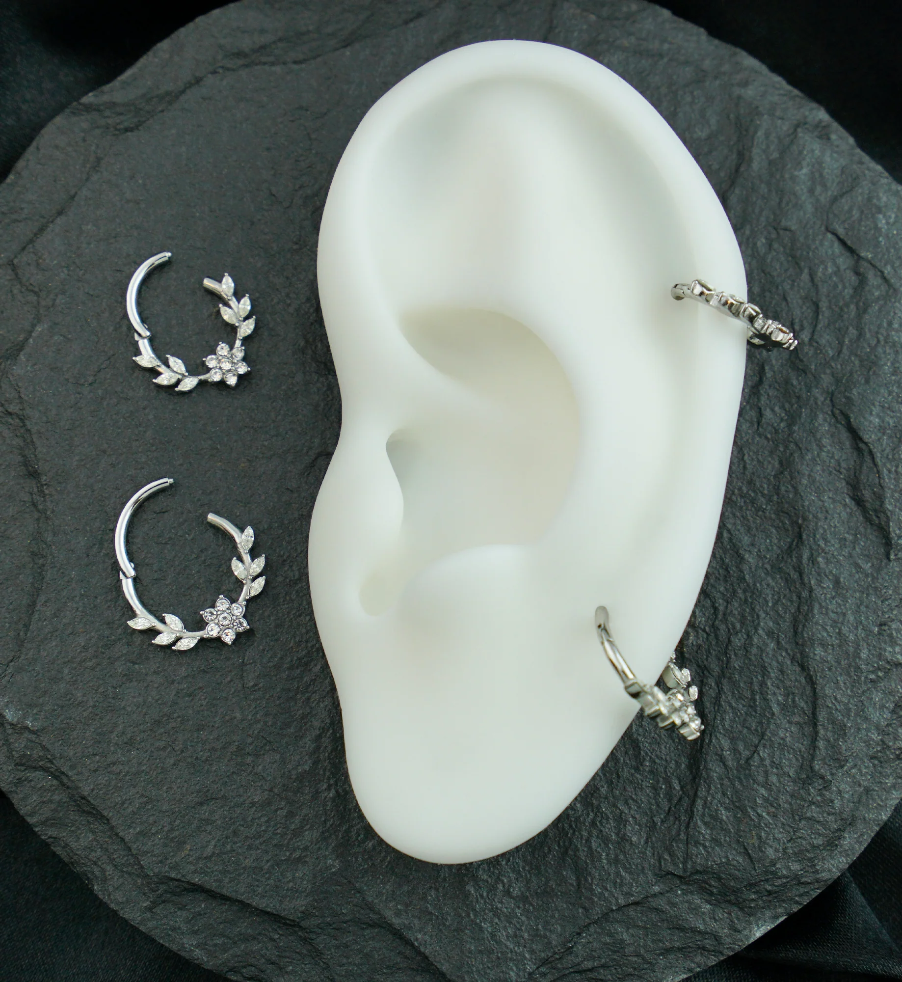 Laurel Flower Clear CZ Stainless Steel Hinged Segment Ring - Mrs Treak