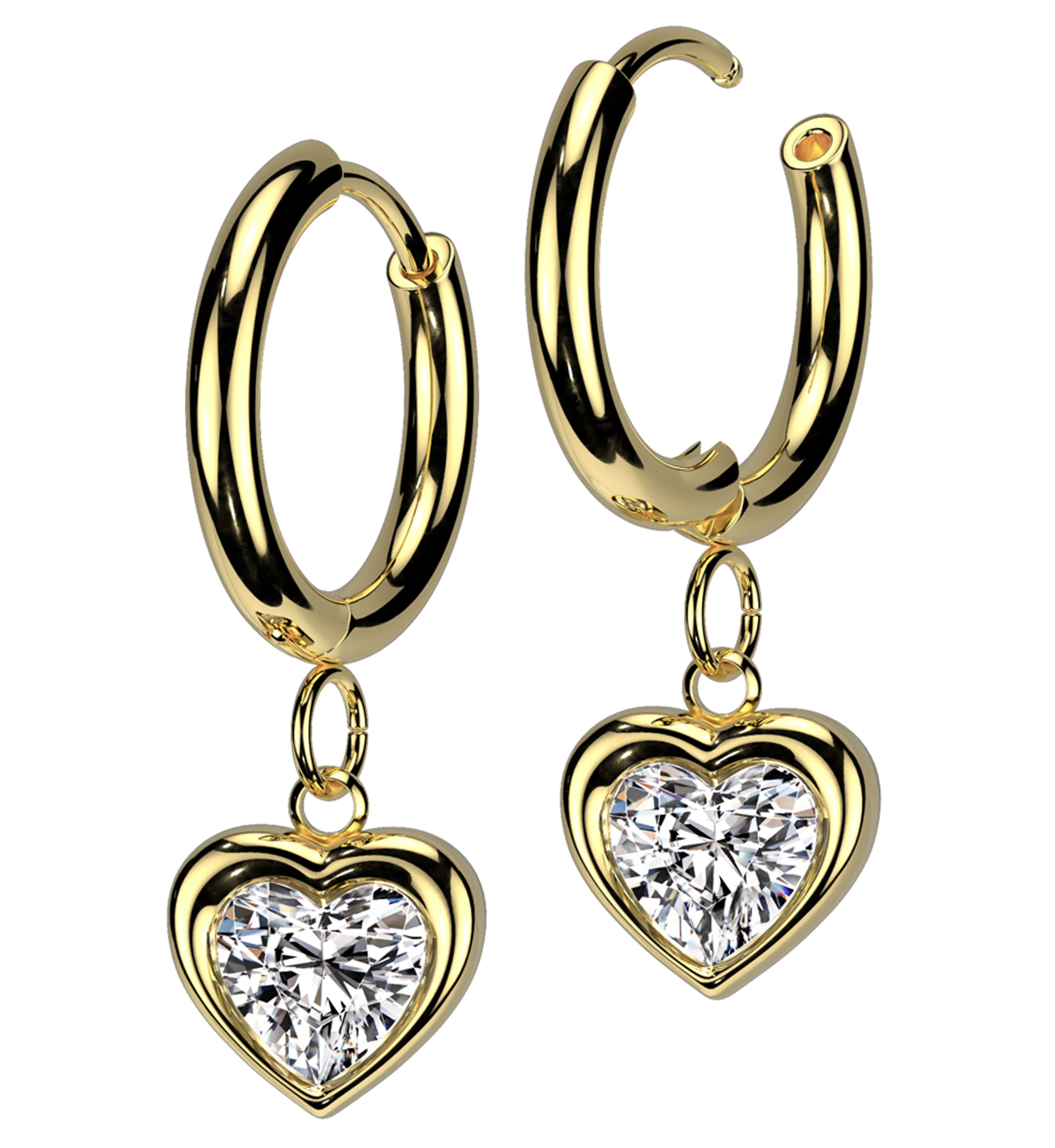 Gold PVD Heart Clear CZ Dangle Stainless Steel Hinged Earrings - Mrs Treak