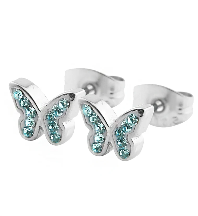 Butterfly Aqua CZ Stainless Steel Stud Earrings - Mrs Treak