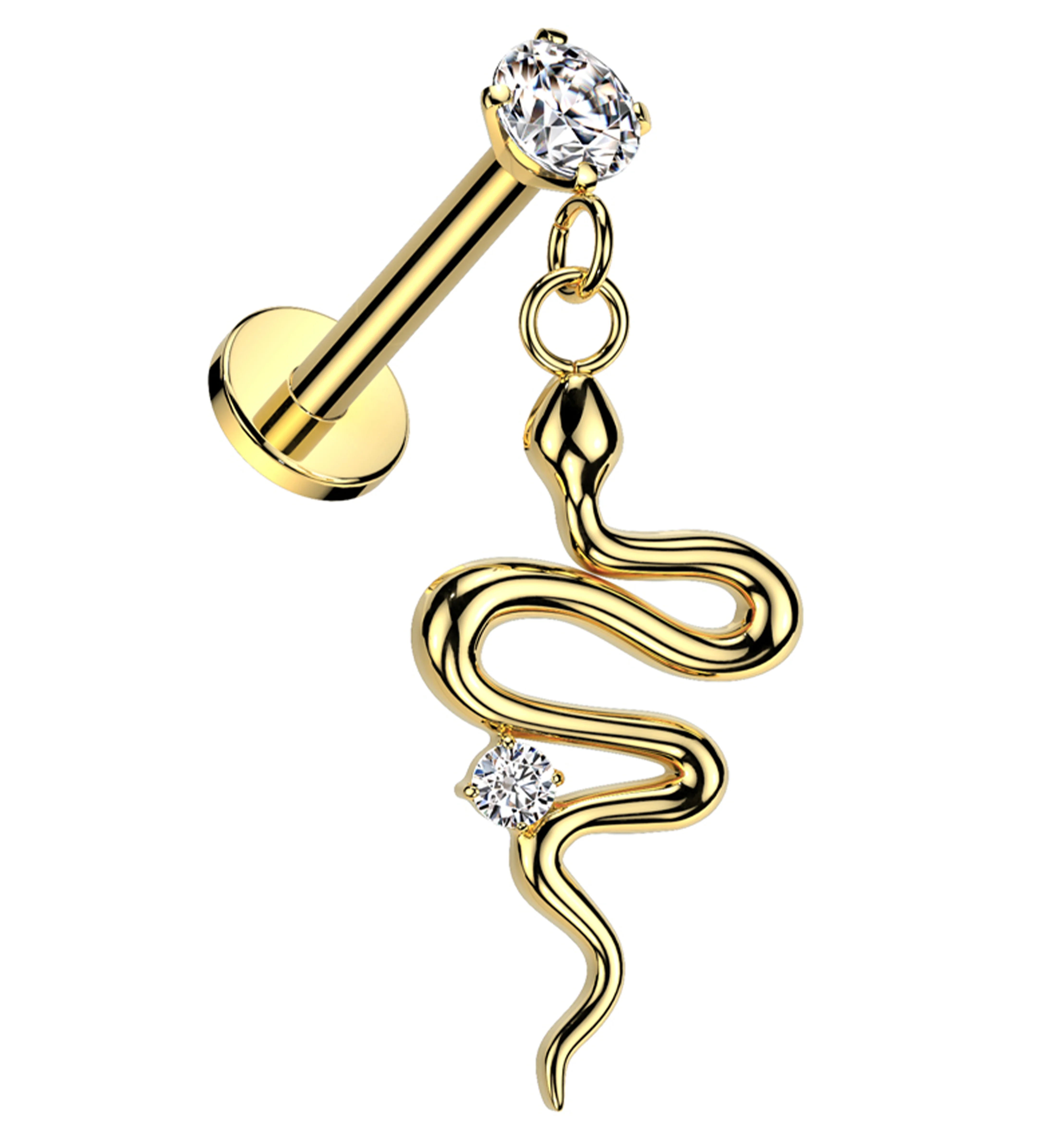 Gold PVD Slithering Snake Clear CZ Internally Threaded Stainless Steel Labret - Mrs Treak