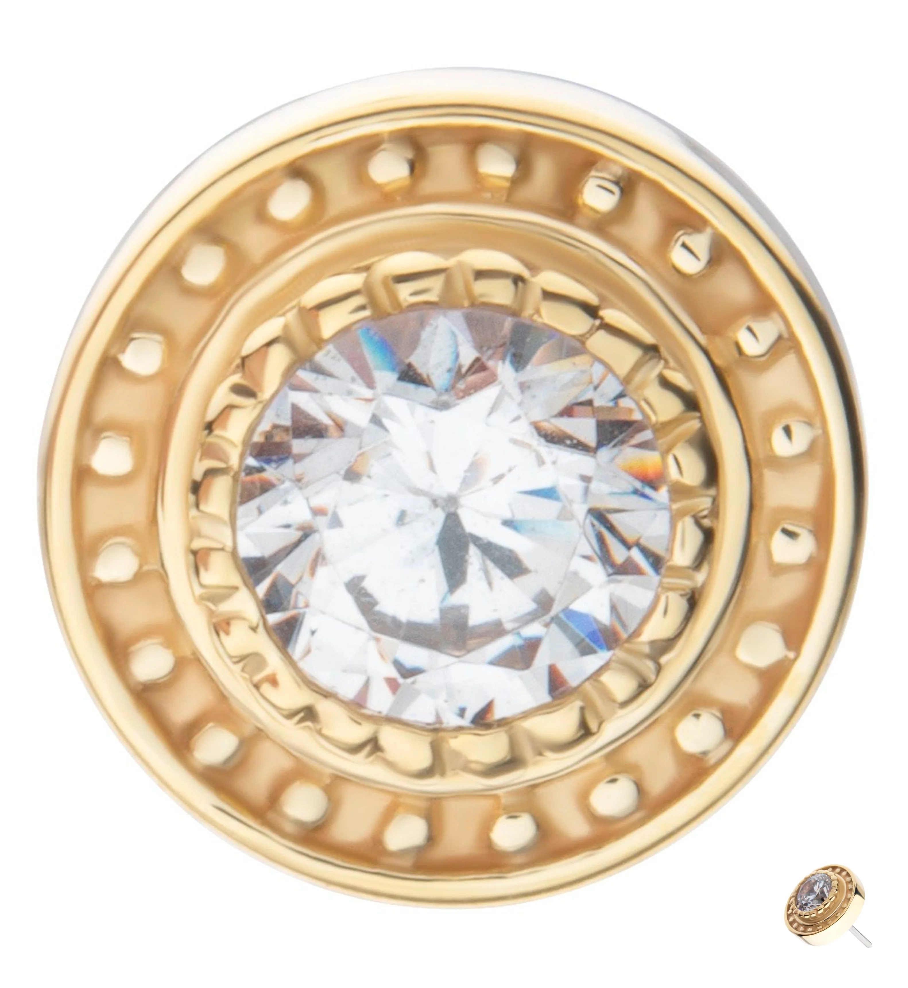 14kt Gold Beaded Disk Clear CZ Threadless Top - Mrs Treak