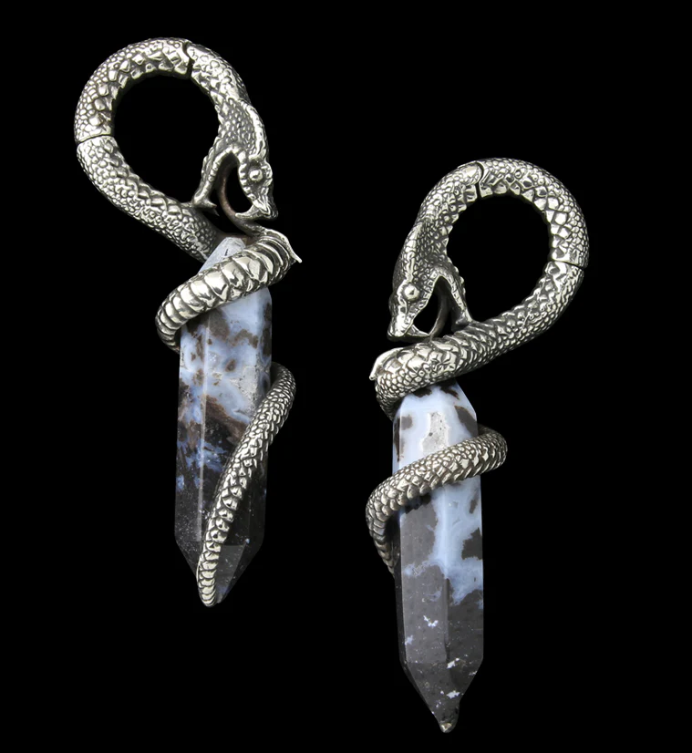 Blue Flame Petrified Palm Root Cobra White Brass Hinged Ear Weights - Mrs Treak