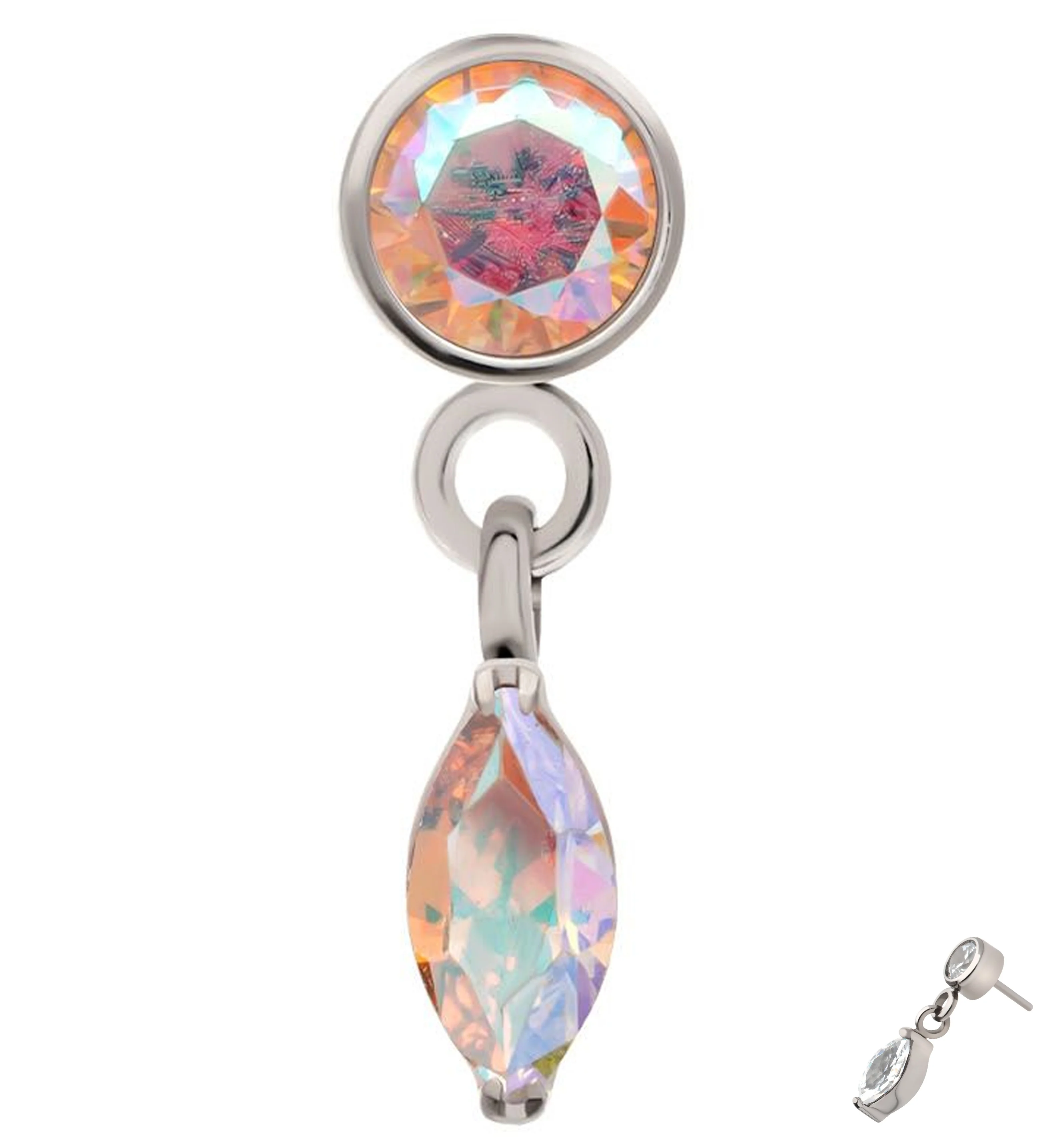 Bezel Rainbow Aurora CZ Marquise Dangle Titanium Threadless Top - Mrs Treak
