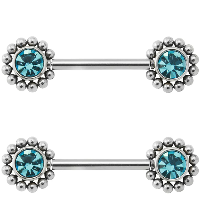 14G Aqua Gem Verge Threadless Nipple Ring Barbells - Mrs Treak