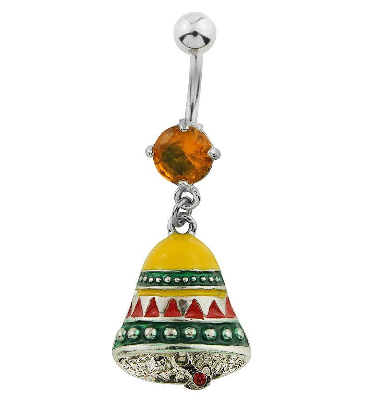 Festive Bell Dangle Citrine CZ Stainless Steel Belly Button Ring - Mrs Treak