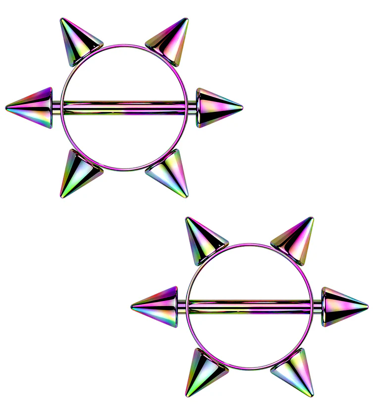 Rainbow PVD Spiked Nipple Rings - Mrs Treak