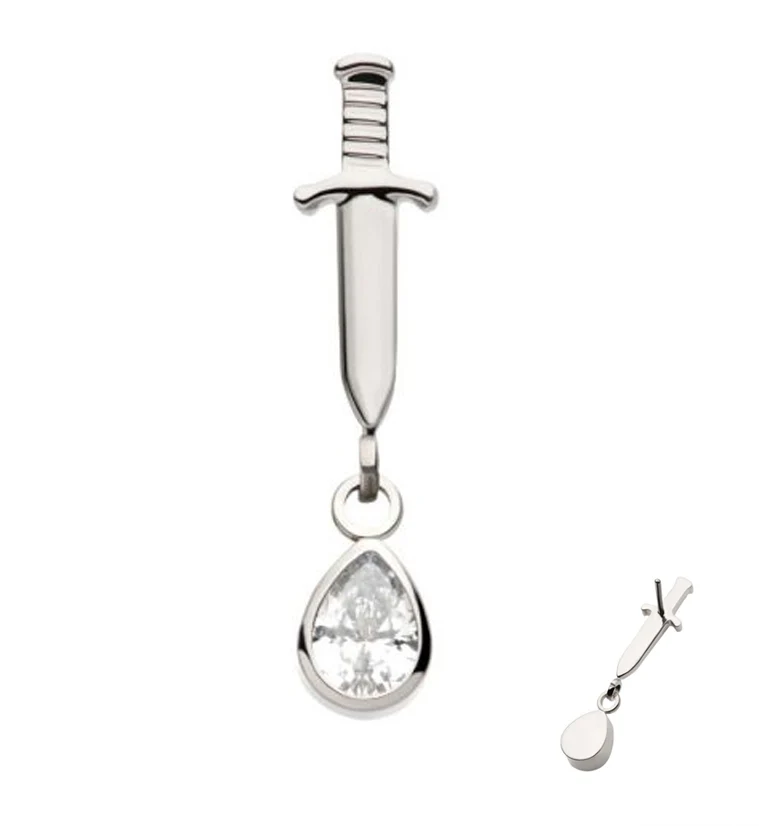Dagger Dangle Teardrop Clear CZ Threadless Top - Mrs Treak