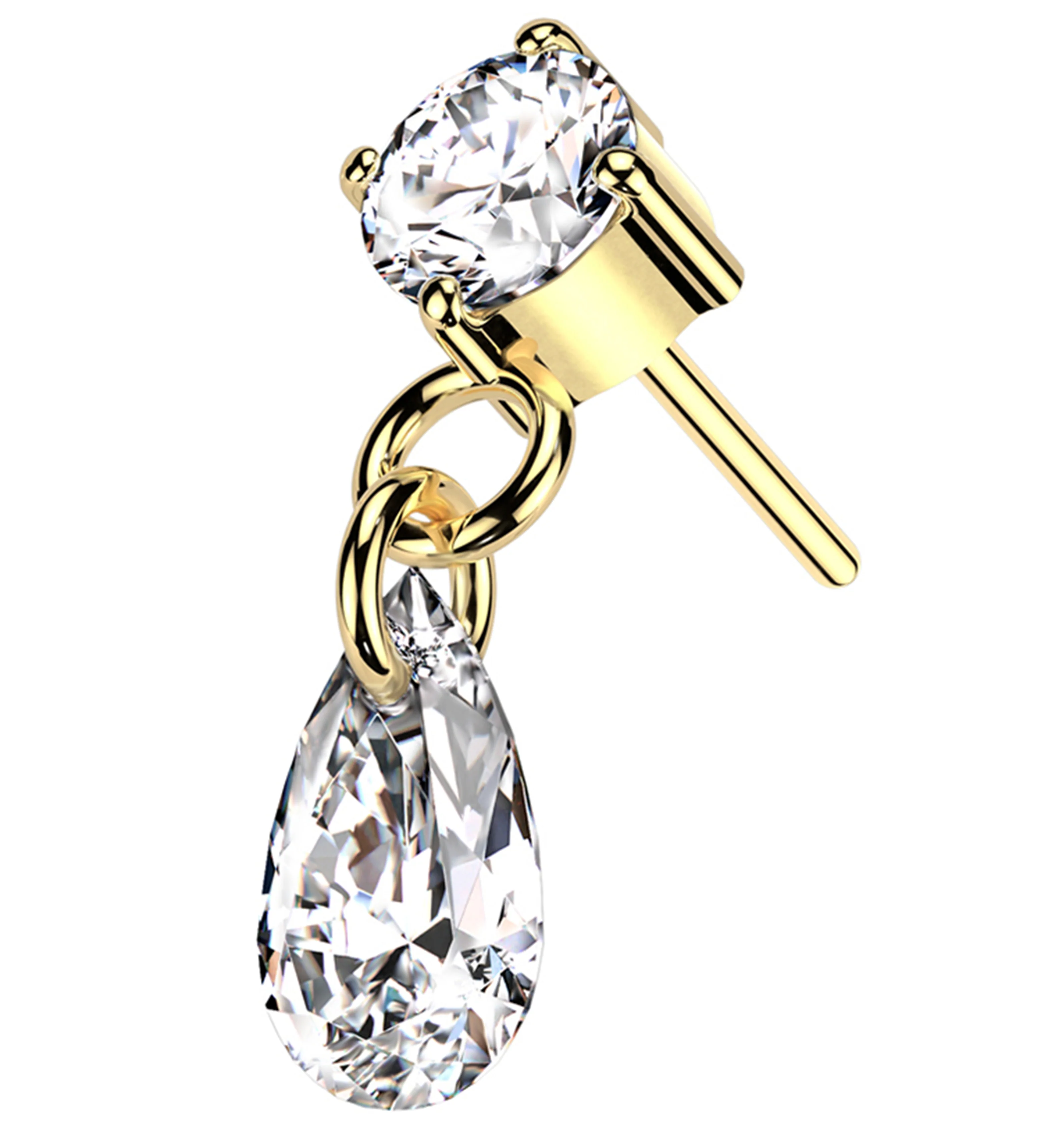 14kt Gold Teardrop Clear CZ Dangle Threadless Top - Mrs Treak