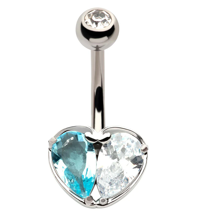 Clear And Aqua Heart CZ Stainless Steel Belly Button Ring - Mrs Treak