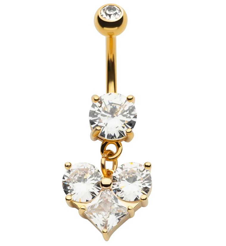 Gold PVD Clear CZ Heart Dangle Belly Button Ring - Mrs Treak