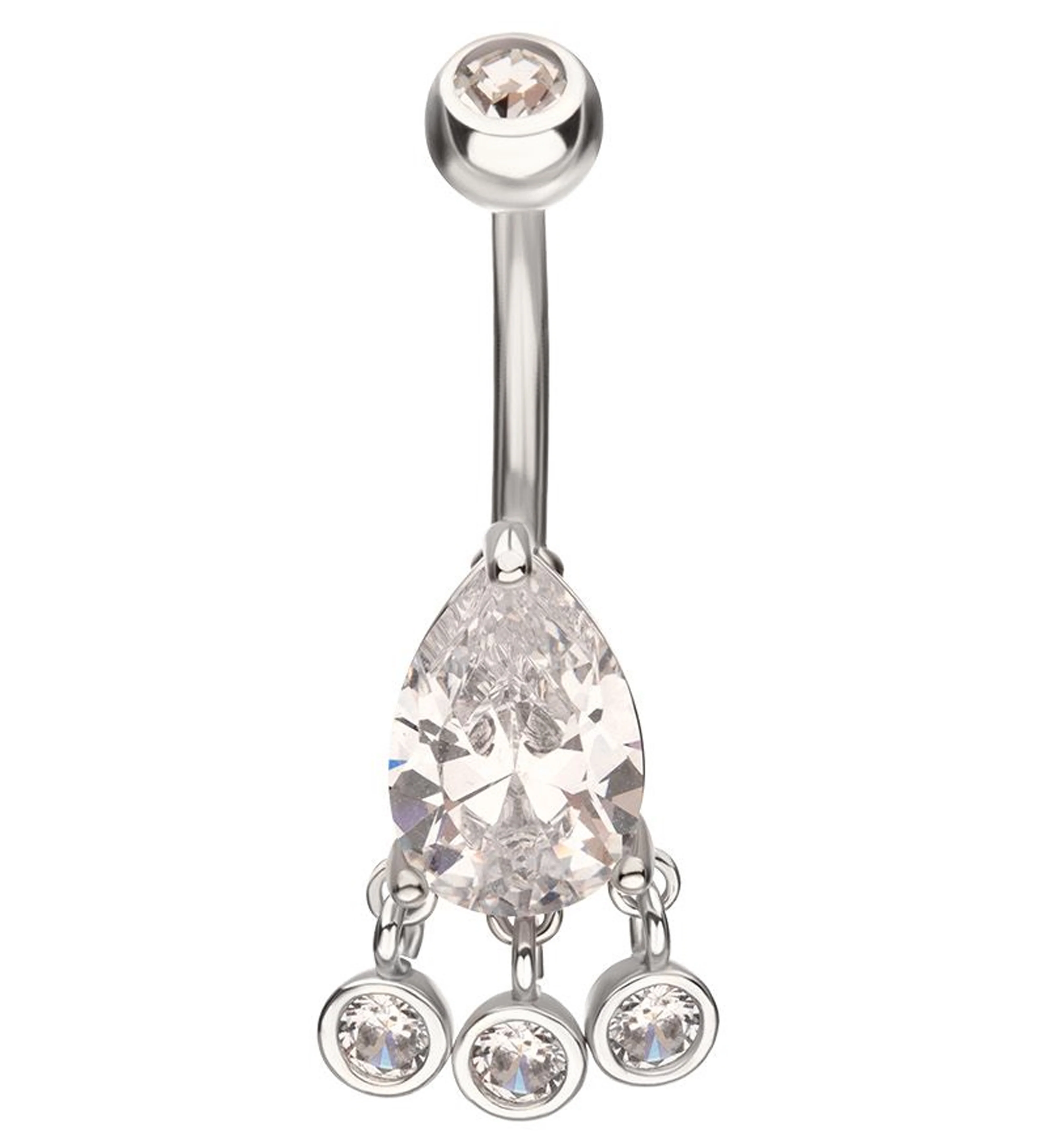 Teardrop Clear CZ Triple Bezel Dangle Stainless Steel Belly Button Ring - Mrs Treak