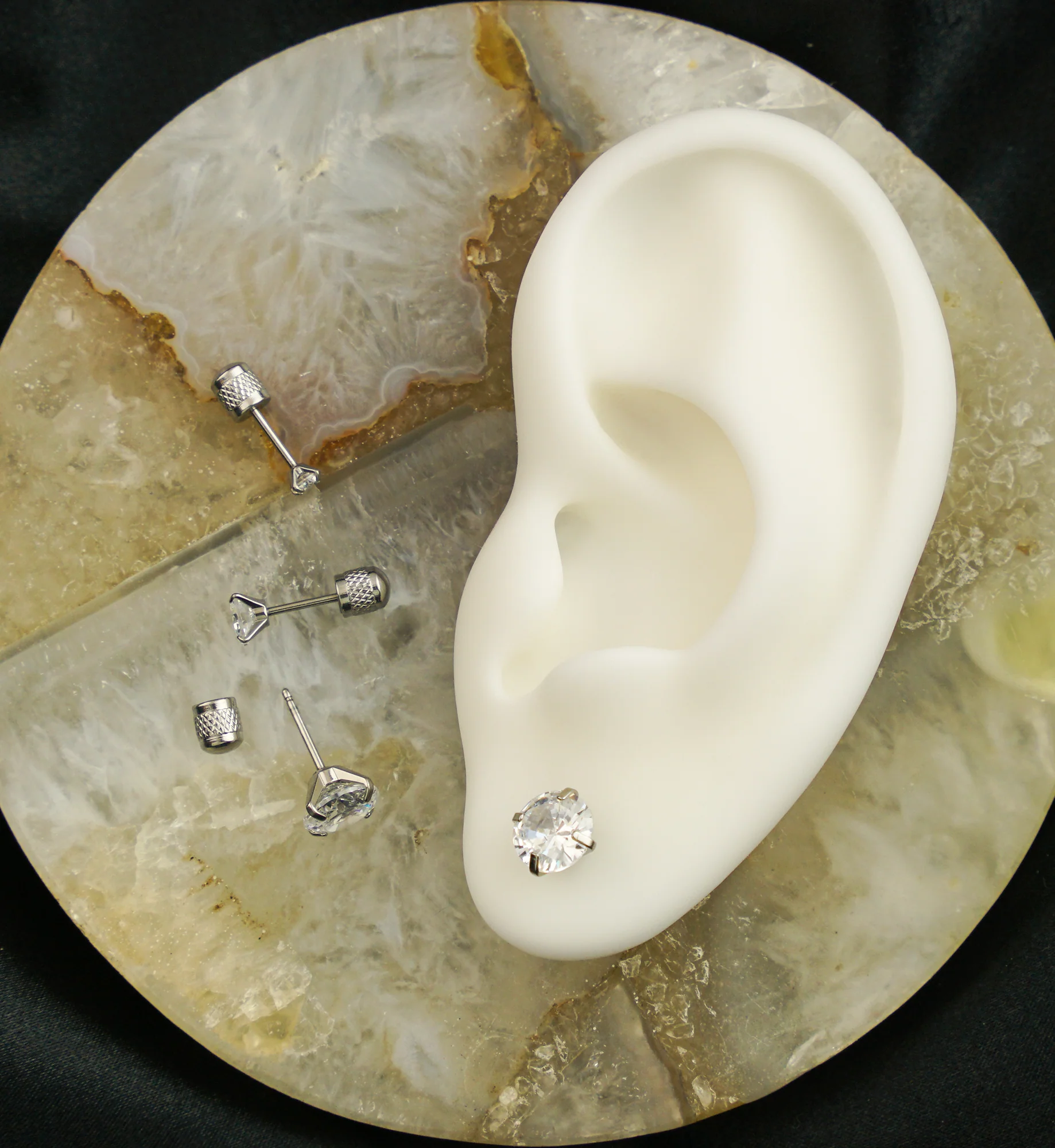 Prong Clear CZ Stainless Steel Textured Cylinder Back Stud Earrings - Mrs Treak