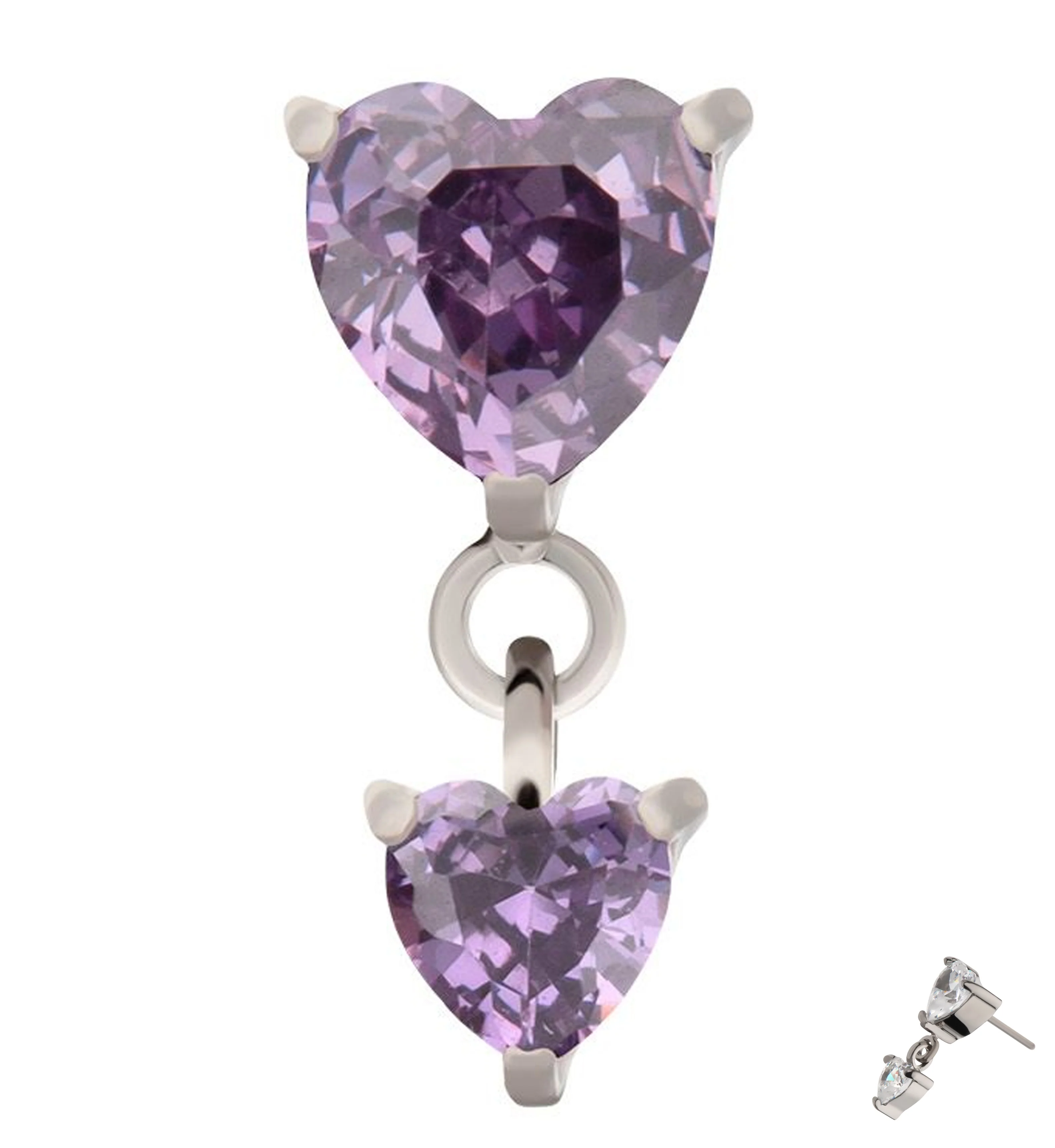 Double Heart Amethyst CZ Dangle Titanium Threadless Top - Mrs Treak