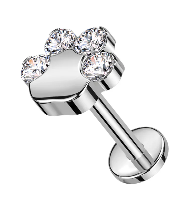 Paw Print Clear CZ Titanium Internally Threaded Labret - Mrs Treak