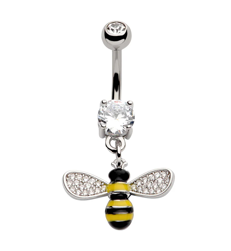 Black And Yellow Bee Clear CZ Stainless Steel Belly Button Ring - Mrs Treak