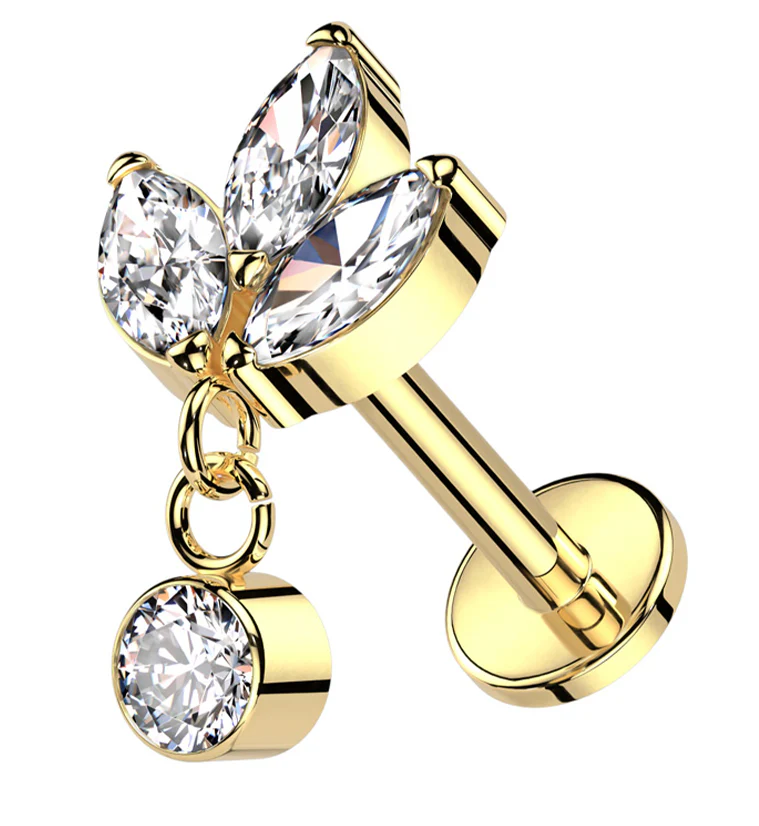 Gold PVD Frond Dangle Clear CZ Internally Threaded Titanium Labret - Mrs Treak