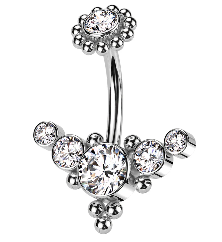 Quinary Curve Clear CZ Beaded Top Internally Threaded Stainless Steel Belly Button Ring - Mrs Treak