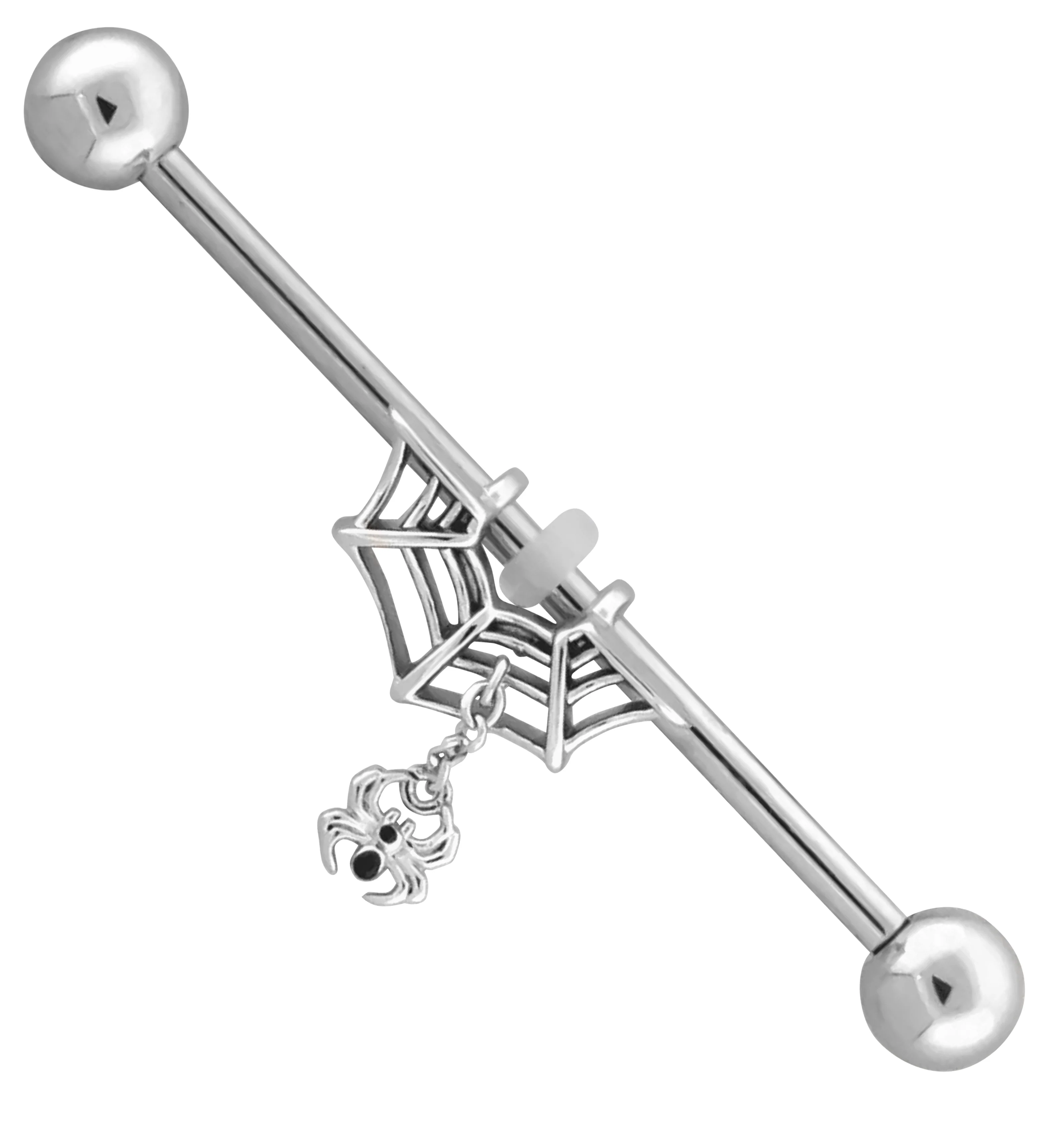 Spiderweb With Spider Dangle Stainless Steel Industrial Barbell - Mrs Treak