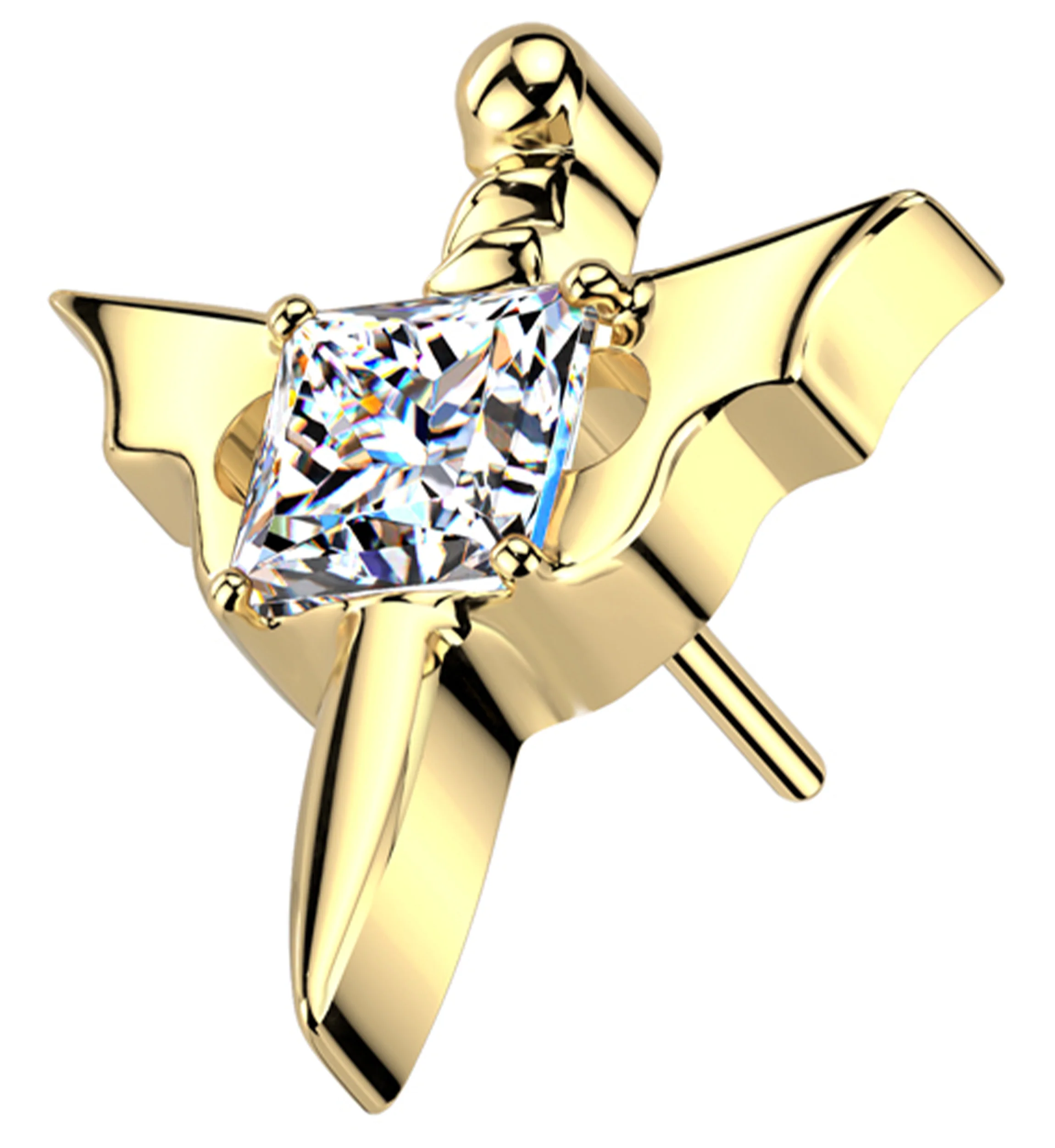 Gold PVD Bat Wing Dagger Square Clear CZ Titanium Threadless Top - Mrs Treak