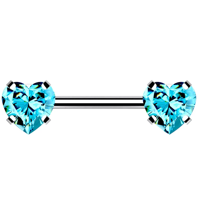 Double Aqua Heart CZ Stainless Steel Threadless Barbell - Mrs Treak