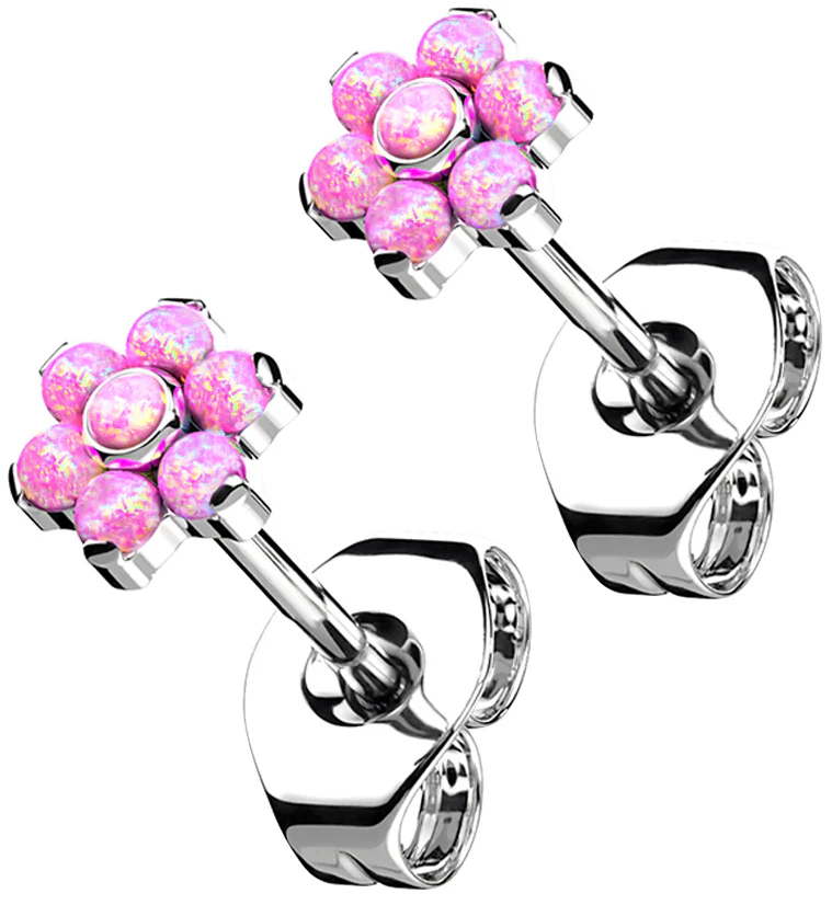 Flower Pink Opalite Titanium Threadless Earrings - Mrs Treak