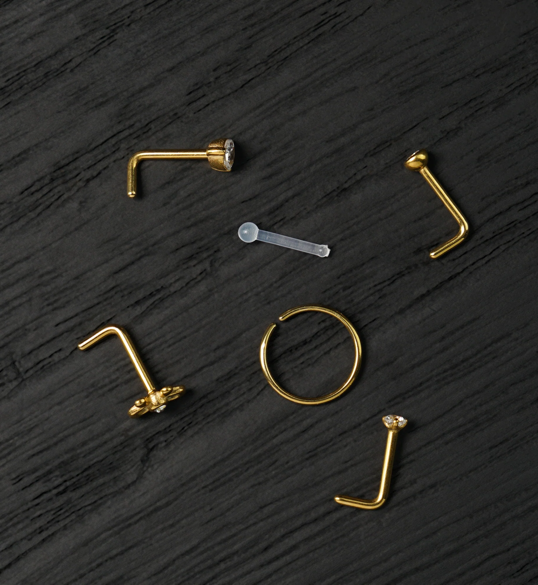 Gold PVD Demure Clear CZ Stainless Steel L Bend/Stud/Hoop Variety Nose Ring Pack (6 pc) - Mrs Treak