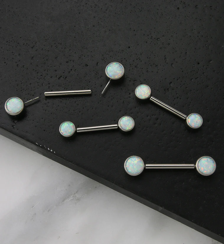 Dual Bezel White Opalite Titanium Threadless Nipple Ring Barbell - Mrs Treak