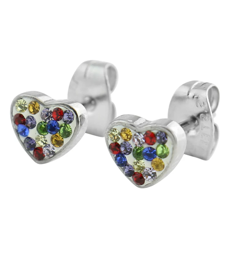 Heart Rainbow CZ Stainless Steel Stud Earrings - Mrs Treak