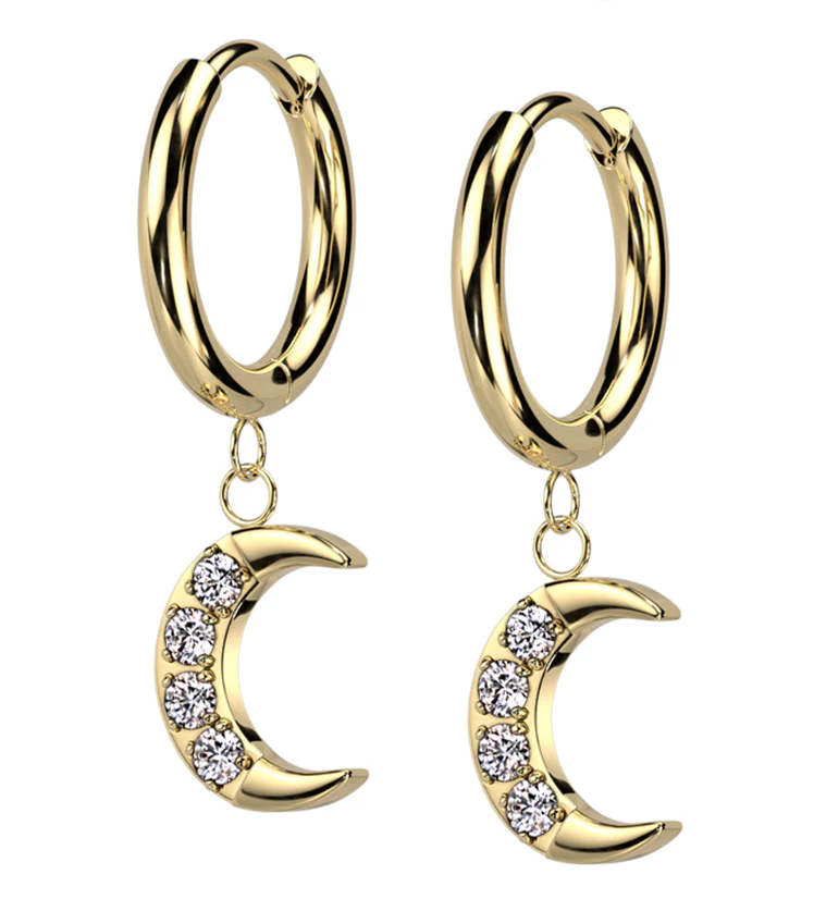 Gold PVD Crescent Moon CZ Dangle Stainless Steel Hinged Hoop Earrings - Mrs Treak
