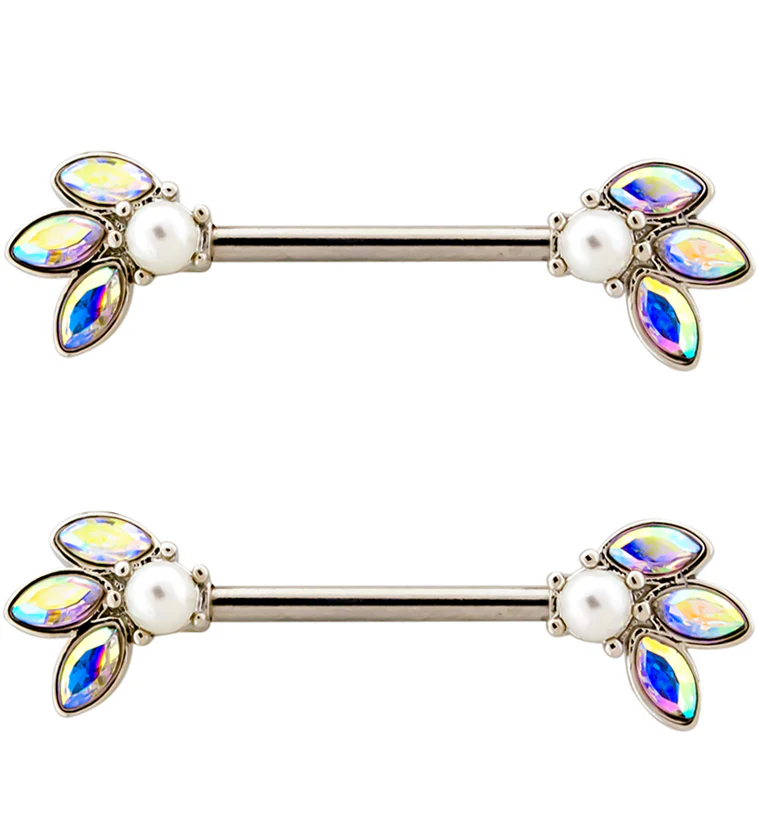 Blossom Pearl and Rainbow Aurora CZ Stainless Steel Nipple Barbell - Mrs Treak