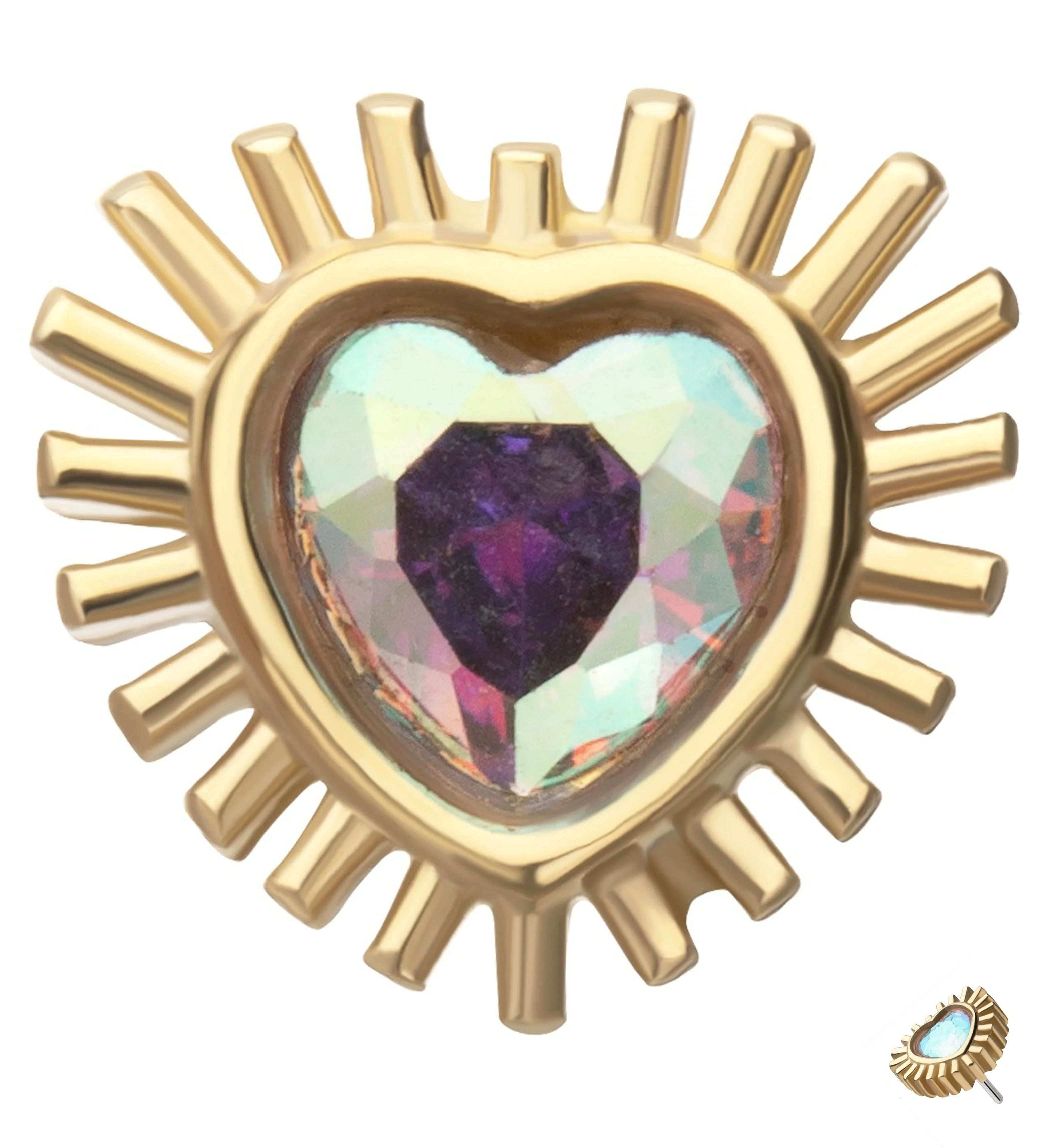 14kt Gold Spiked Heart Rainbow Aurora CZ Threadless Top - Mrs Treak
