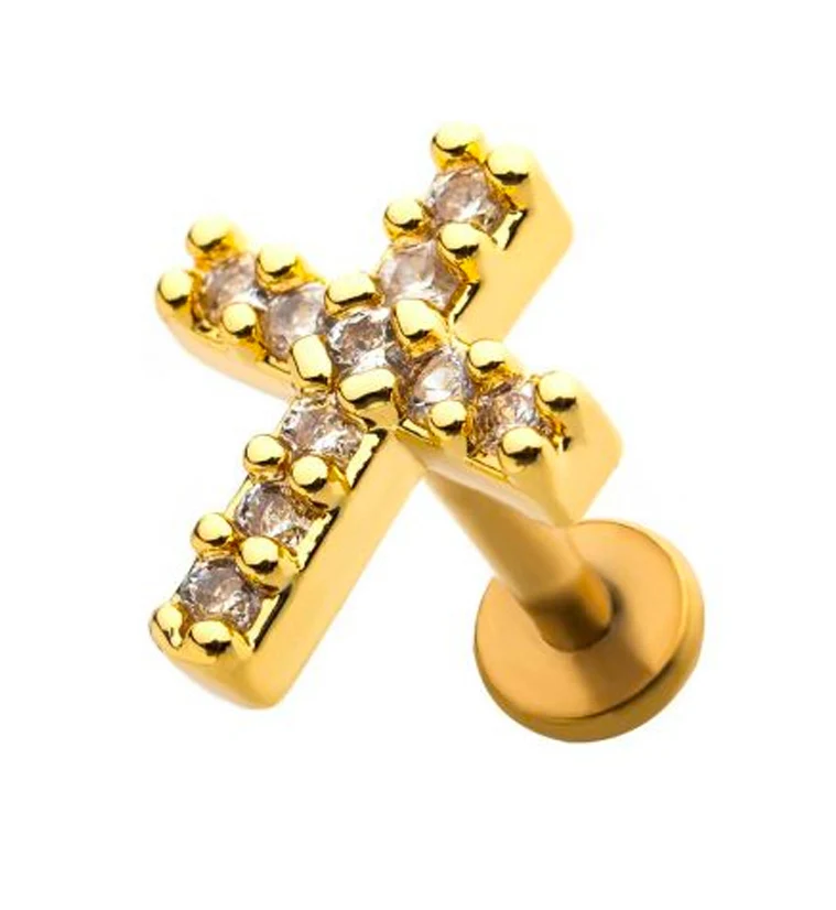 18G Gold PVD Cross CZ Labret - Mrs Treak