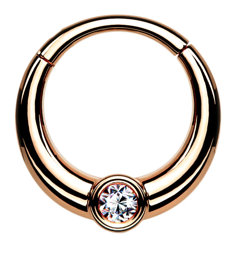 Central Rose Gold PVD CZ Hinged Segment Hoop Ring - Mrs Treak