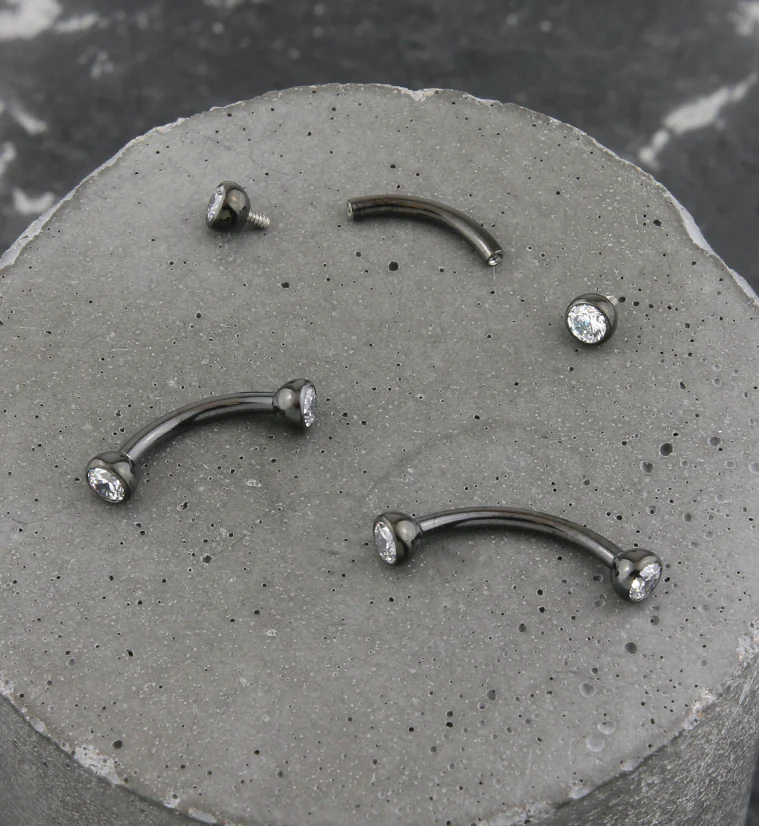 Black PVD Titanium Double Bezel Clear CZ Internally Threaded Curved Barbell - Mrs Treak