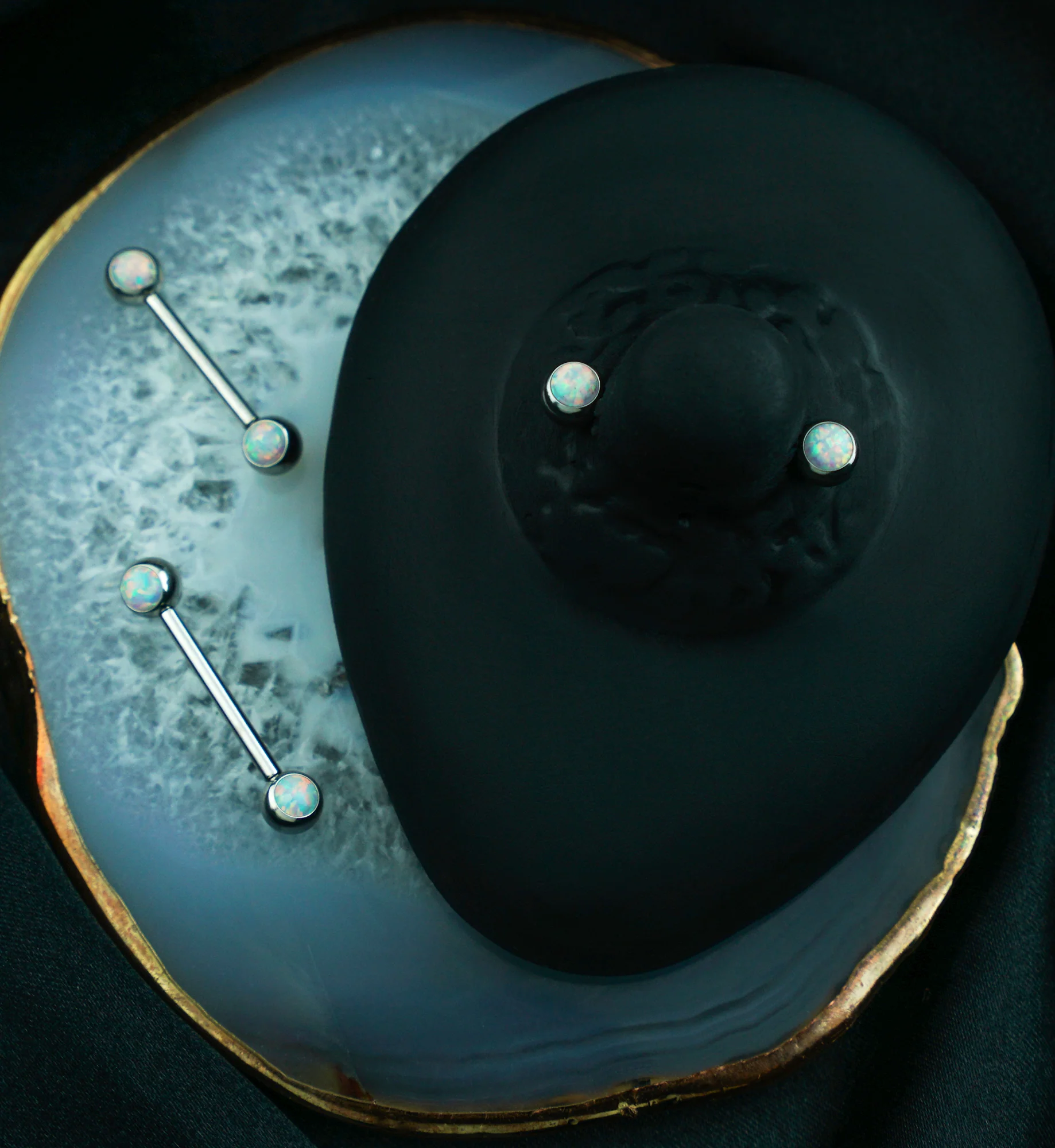 White Opalite Stainless Steel Threadless Nipple Barbells - Mrs Treak