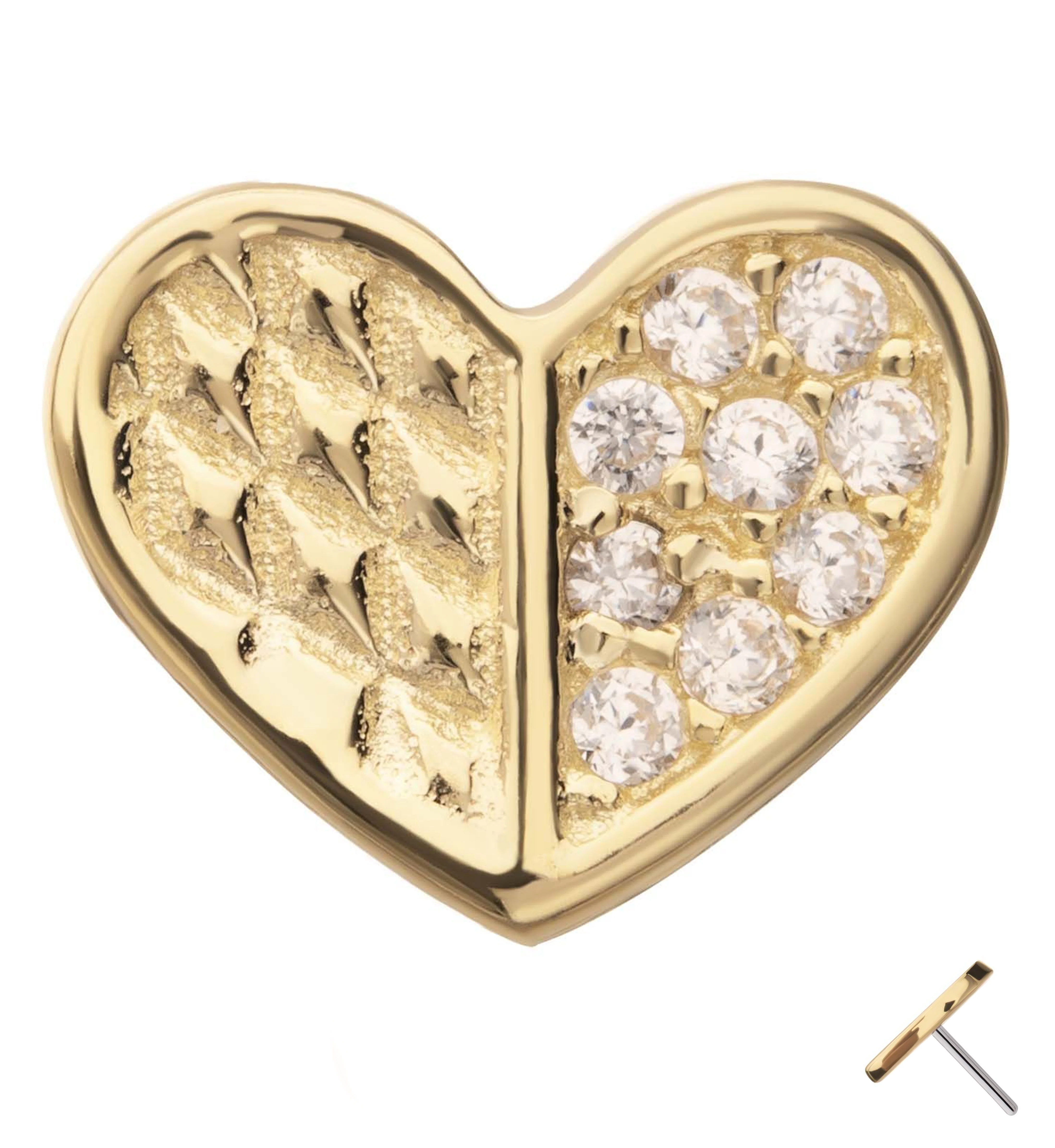 14kt Gold Fifty-Fifty Heart Clear CZ Threadless Top - Mrs Treak