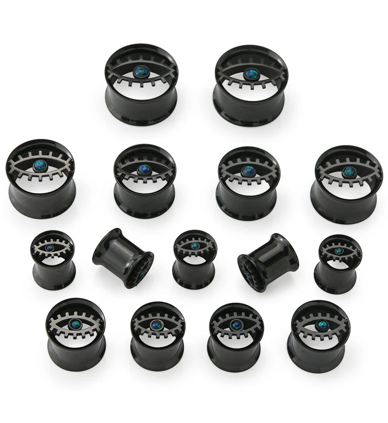 Black PVD Evil Eye Green Opalite Stainless Steel Tunnel Plugs - Mrs Treak