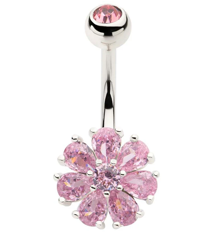 Flower Teardrop Pink CZ Stainless Steel Belly Button Ring - Mrs Treak