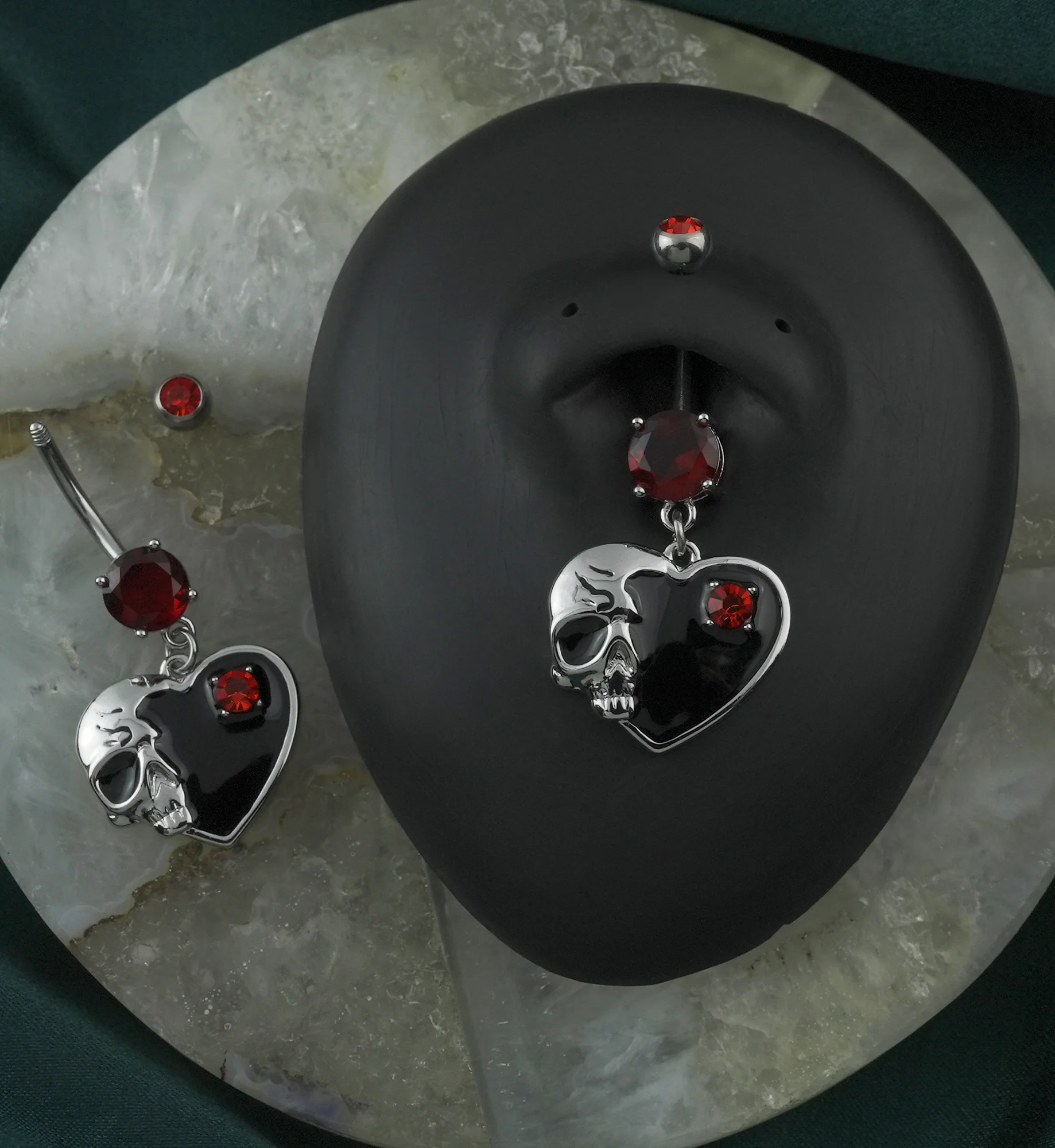 Skull Black Heart Red CZ Stainless Steel Belly Button Ring - Mrs Treak