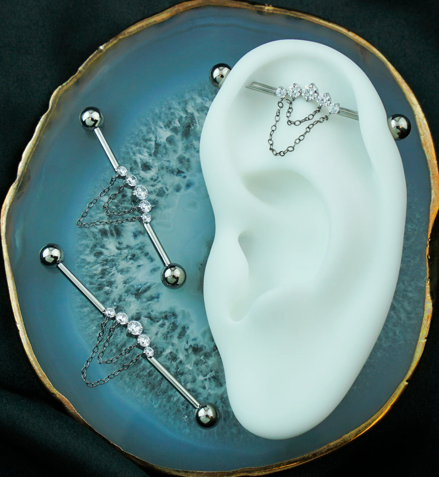 Arch Clear CZ Double Dangle Chain Internally Threaded Titanium Industrial Barbell - Mrs Treak