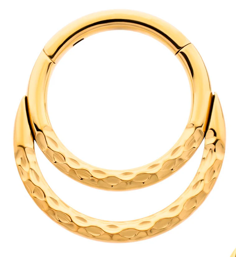 Gold PVD Hammered Double Hoop Titanium Hinged Segment Ring - Mrs Treak