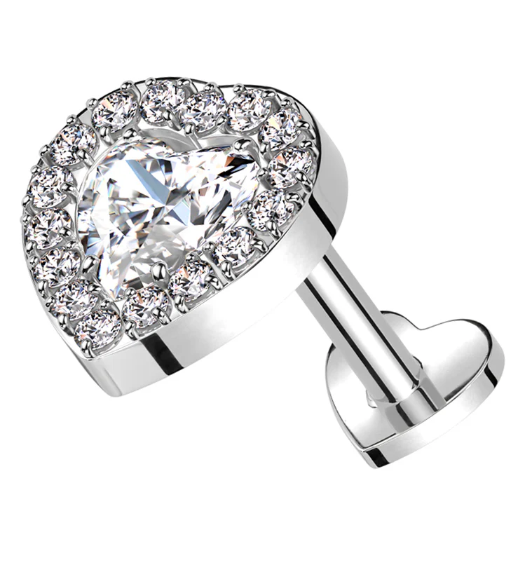 Lined Heart Clear CZ Titanium Threadless Heart Back Labret - Mrs Treak
