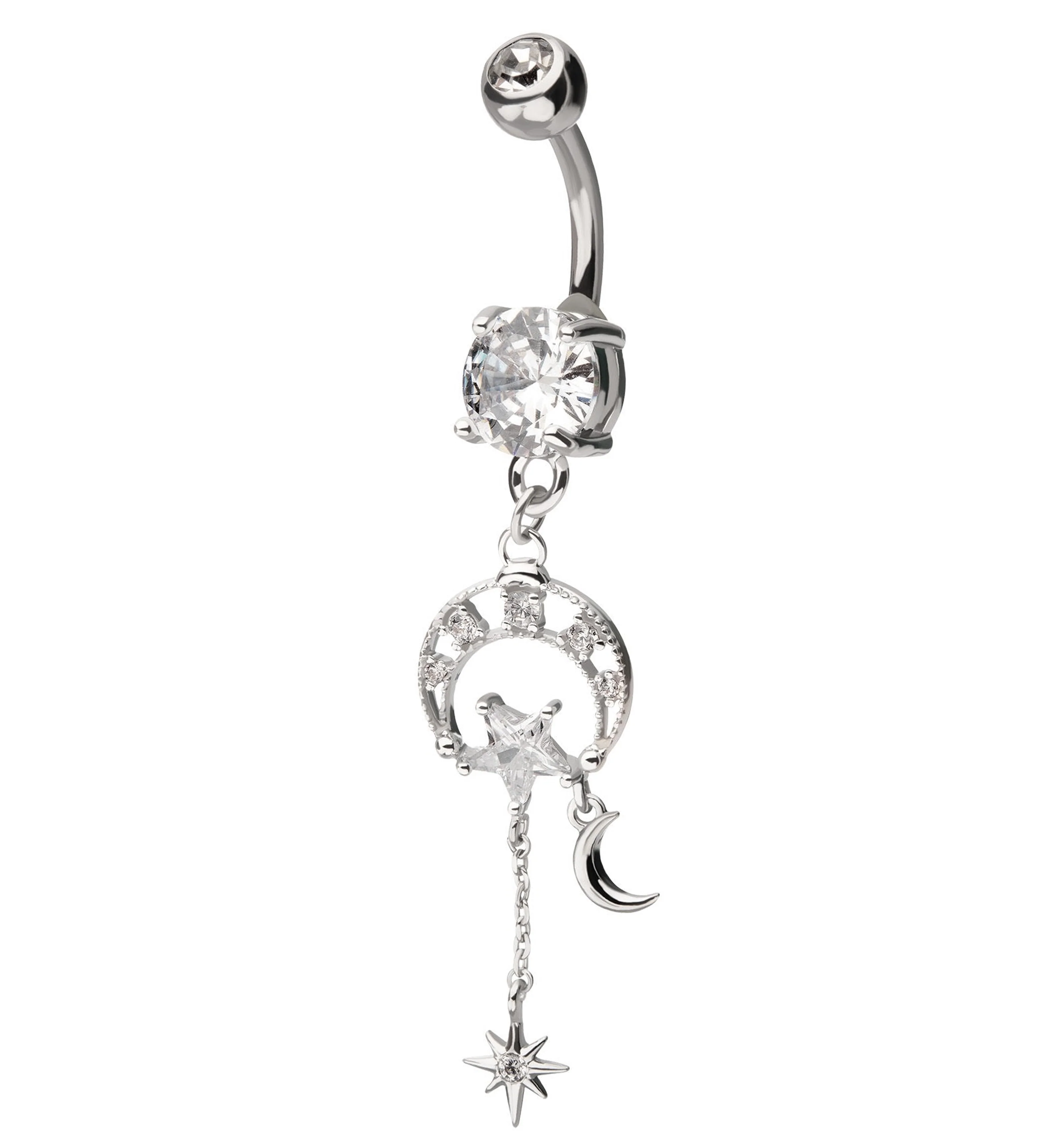 Celestial Dangle Clear CZ Stainless Steel Belly Button Ring - Mrs Treak