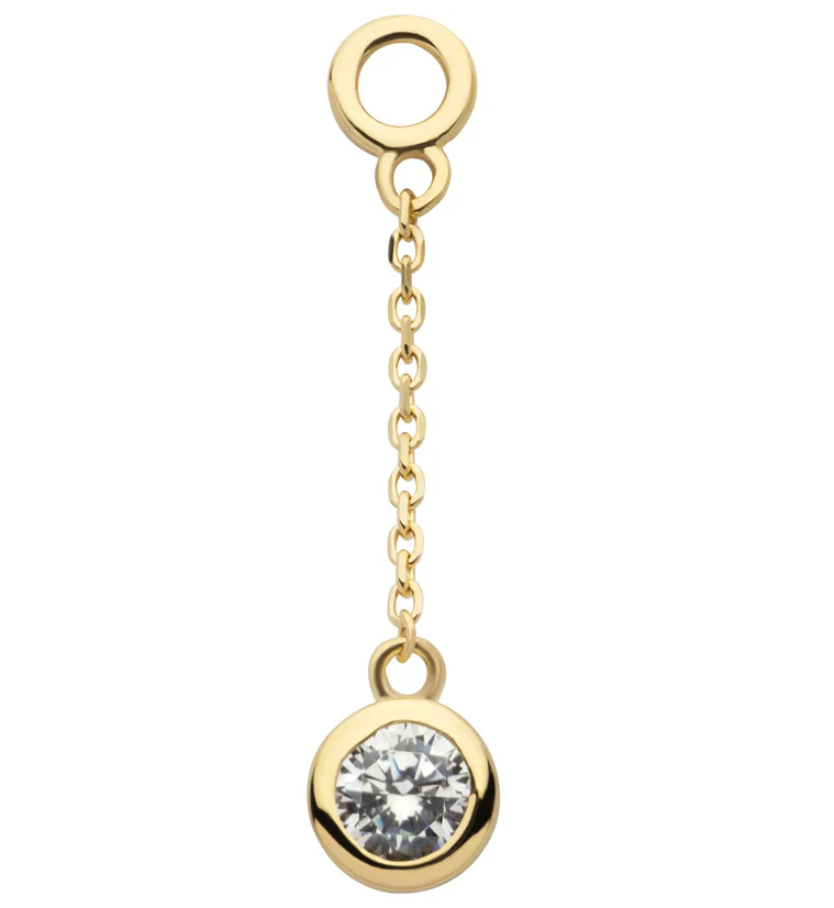 14kt Gold Bezel Clear CZ Dangle Chain Charm - Mrs Treak
